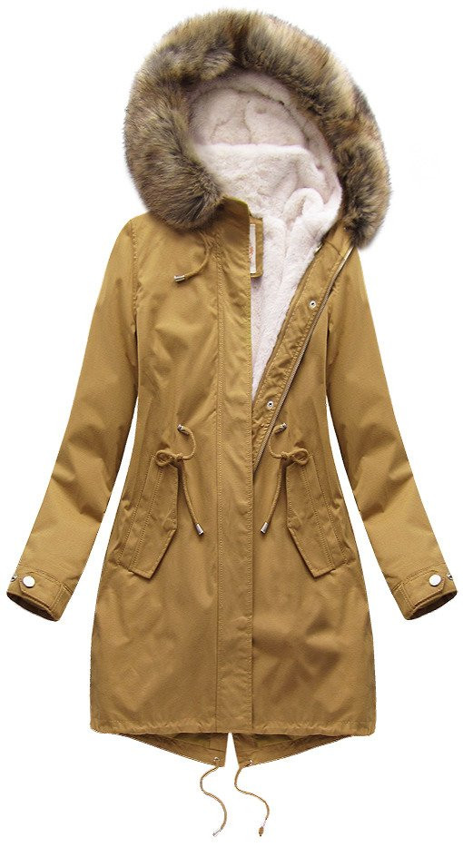 Dámska zimná bunda "parka" v horčicovej farbe s kapucňou a odopínacou podšívkou (7626BIG) žltá 52