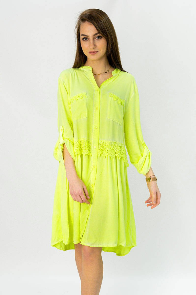 Bavlněné dámské košilové šaty v neonově žluté barvě (307ART) žlutá ONE SIZE