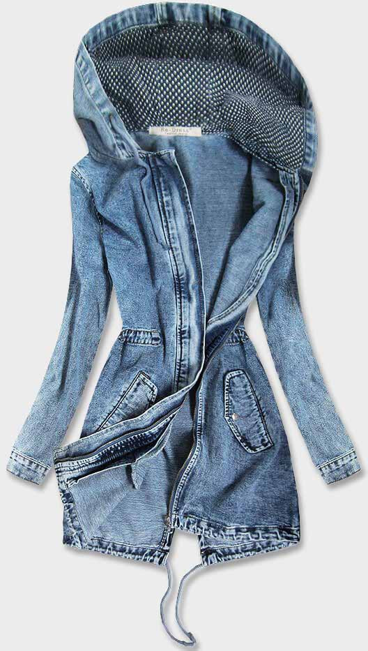 Dlouhá džínová dámská bunda s kapucí (C122) odcienie niebieskiego XS (34)