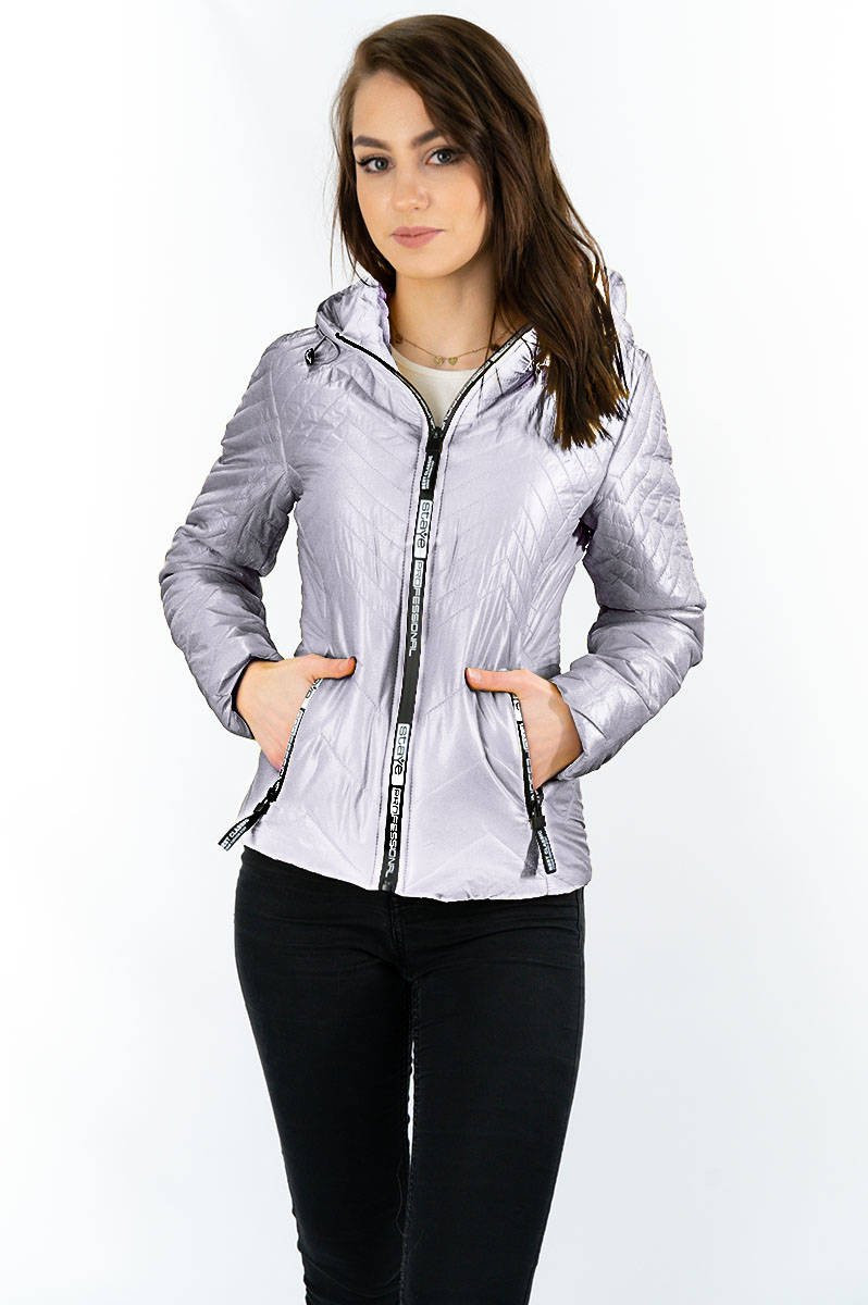 Krátká šedá prošívaná dámská bunda s kapucí (B9566) odcienie szarości XL (42)