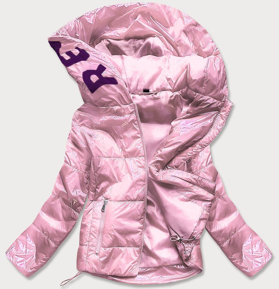Ružová lesklá prešívaná dámska bunda s kapucňou (B9568) ružová L (40)