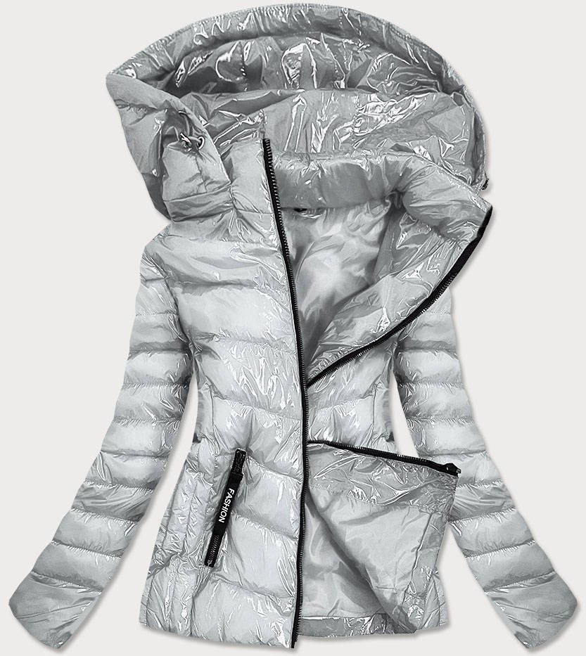 Lesklá stříbrná dámská bunda s kapucí (B9569) odcienie szarości XXL (44)