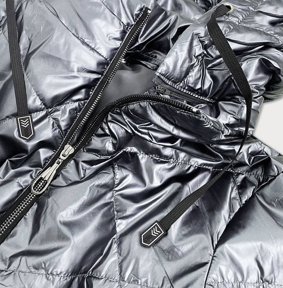 Stříbrná lesklá dámská bunda s kapucí (B9575) odcienie szarości 46