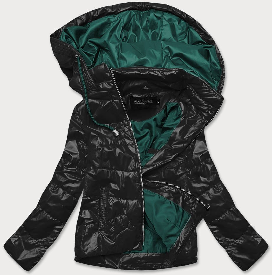 Černo-zelená dámská bunda s barevnou kapucí (BH2005) Barva: odcienie zieleni, Velikost: S (36)
