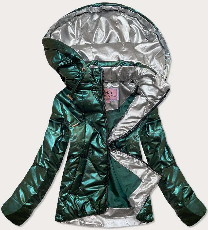Krátká lesklá dámská bunda v lahvově zelené barvě model 16151333 zelená XXL (44) - MHM