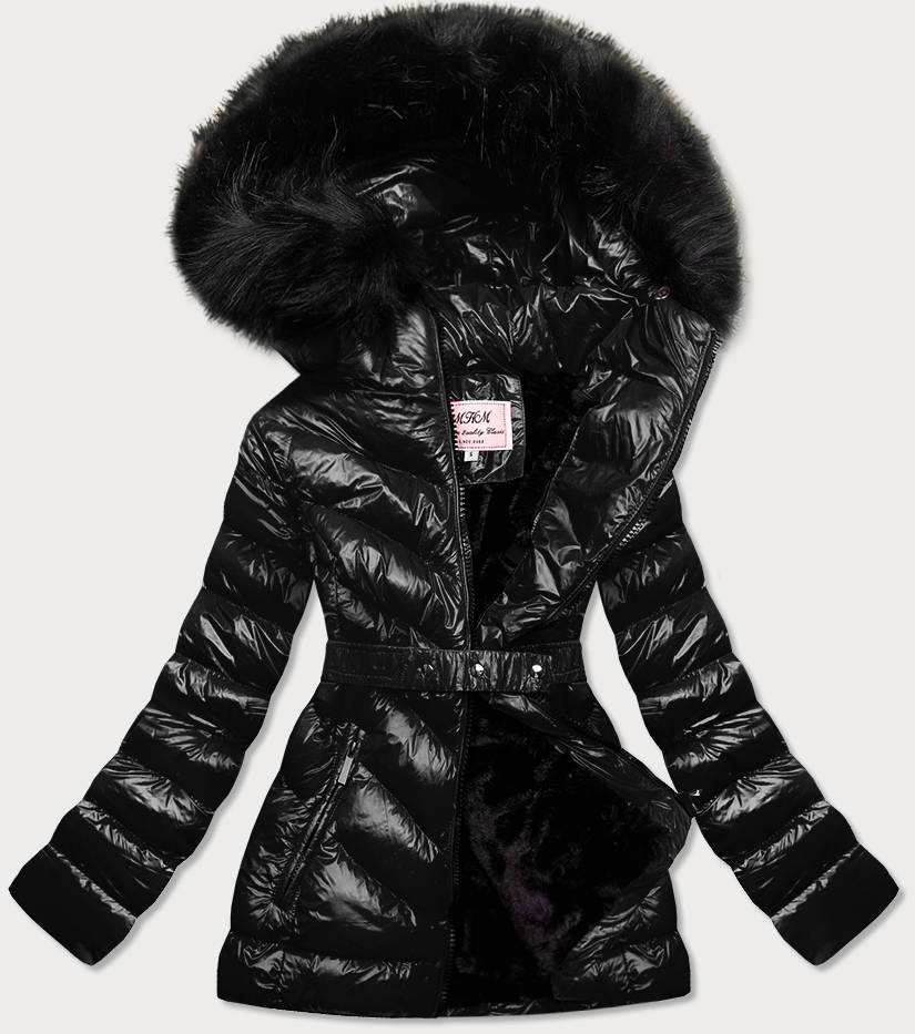 Černá lesklá zimní bunda s mechovitou kožešinou (W673) odcienie czerni XXL (44)