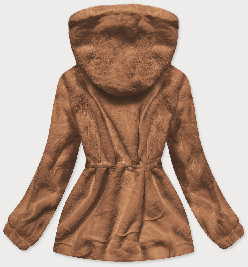 Hnědá kožešinová dámská bunda s kapucí (BR9596-12) odcienie brązu XL (42)