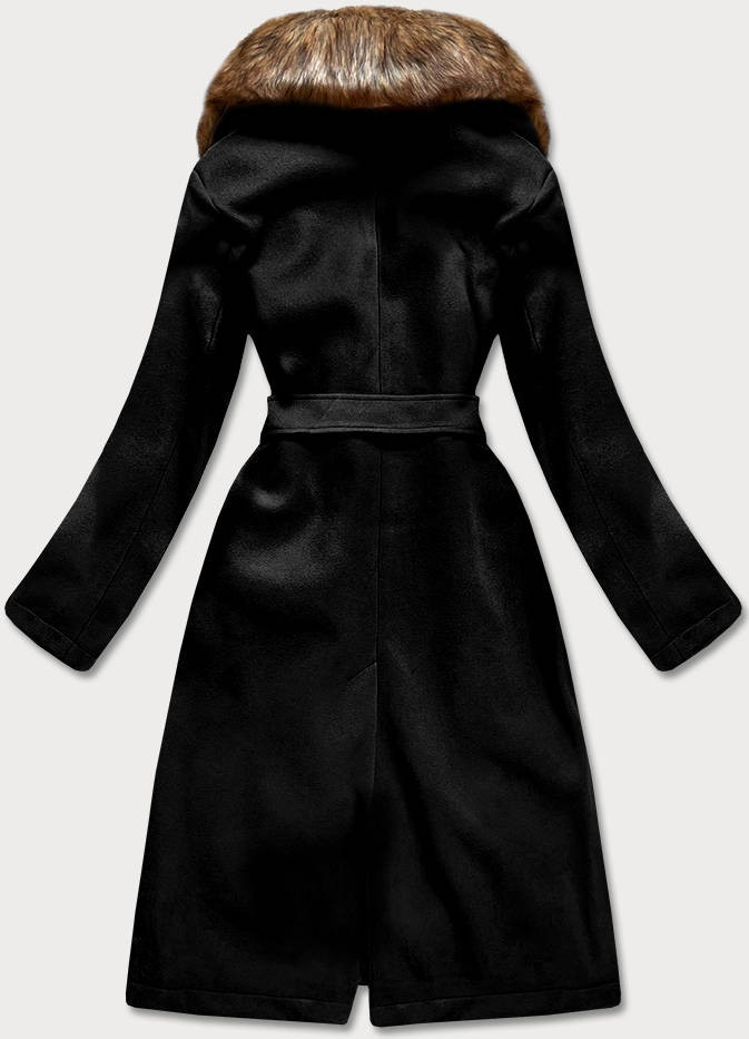 Černý dámský kabát s kožíškem (SASKIA) odcienie czerni S (36)
