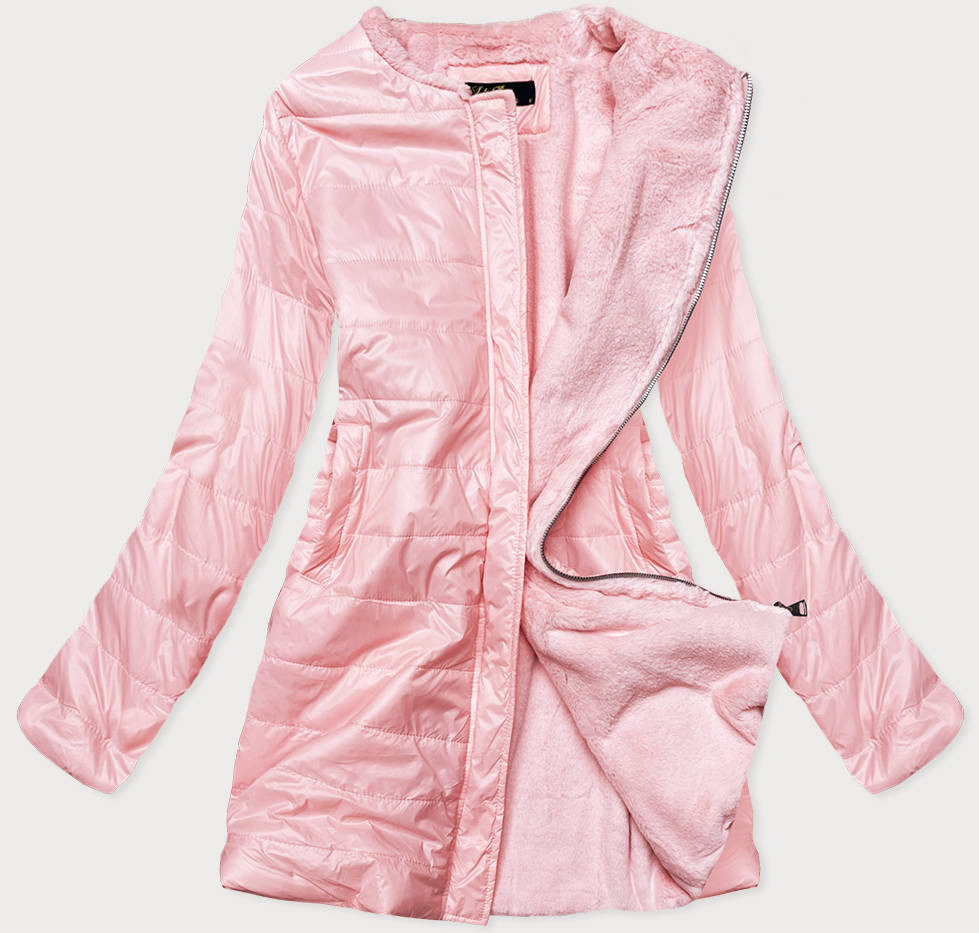 Růžová dámská bunda s mechovitým kožíškem pro přechodné období (M-1733) Růžová M (38)