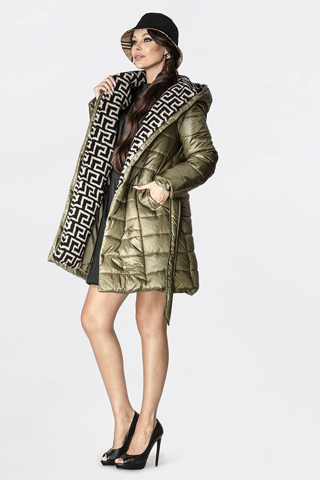 Lehká dámská zimní bunda v khaki barvě se zateplenou kapucí (OMDL-019) odcienie zieleni XL (42)