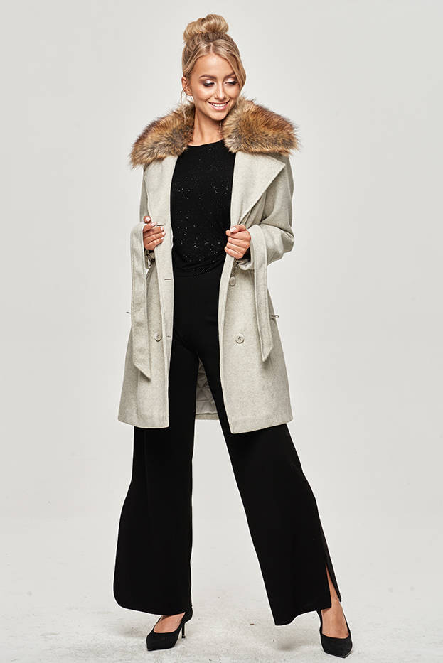 Šedý dámský kabát s kožešinou model 15834449 šedá XL (42) - Ann Gissy