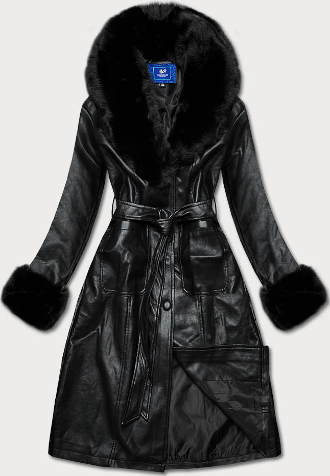 Čierny dámsky kožený kabát s kožušinovým golierom (OMDL-021) čierna XXL (44)