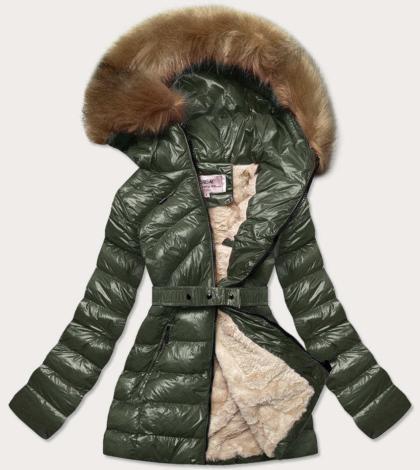 Lesklá zimní bunda v khaki barvě s mechovitou kožešinou (W674) odcienie zieleni XL (42)