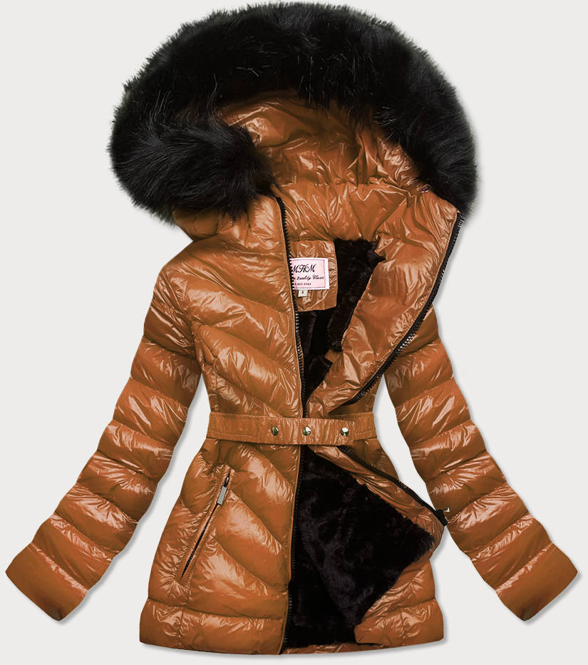 Lesklá zimní bunda v karamelové barvě s mechovitou kožešinou (W673) odcienie brązu XXL (44)