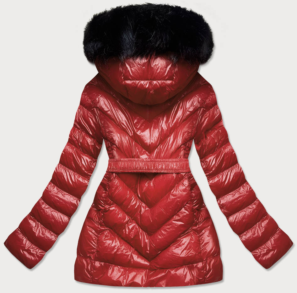 Lesklá zimní bunda ve vínové bordó barvě s mechovitou kožešinou (W673) odcienie czerwieni XXL (44)