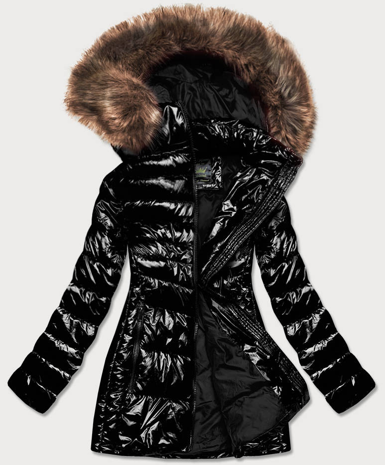 Lesklá čierna dámska zimná bunda (7723MID) černá XXL (44)