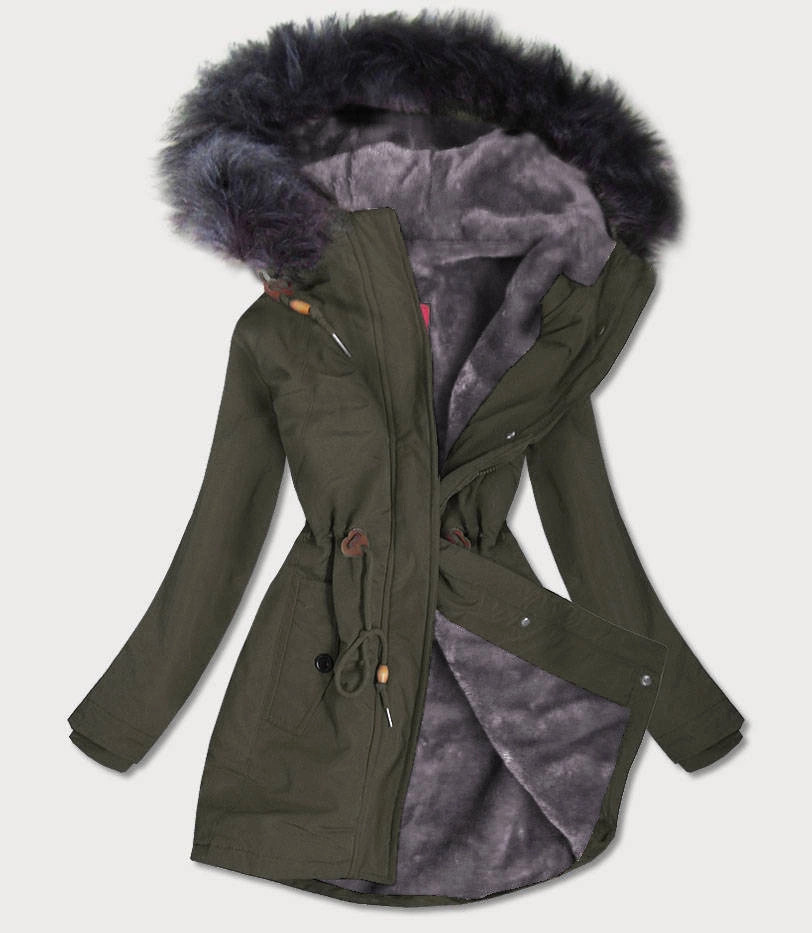 Nepremokavá dámska bunda parka v army farbe s kožušinovou podšívkou (m-933) odstíny zelené S (36)