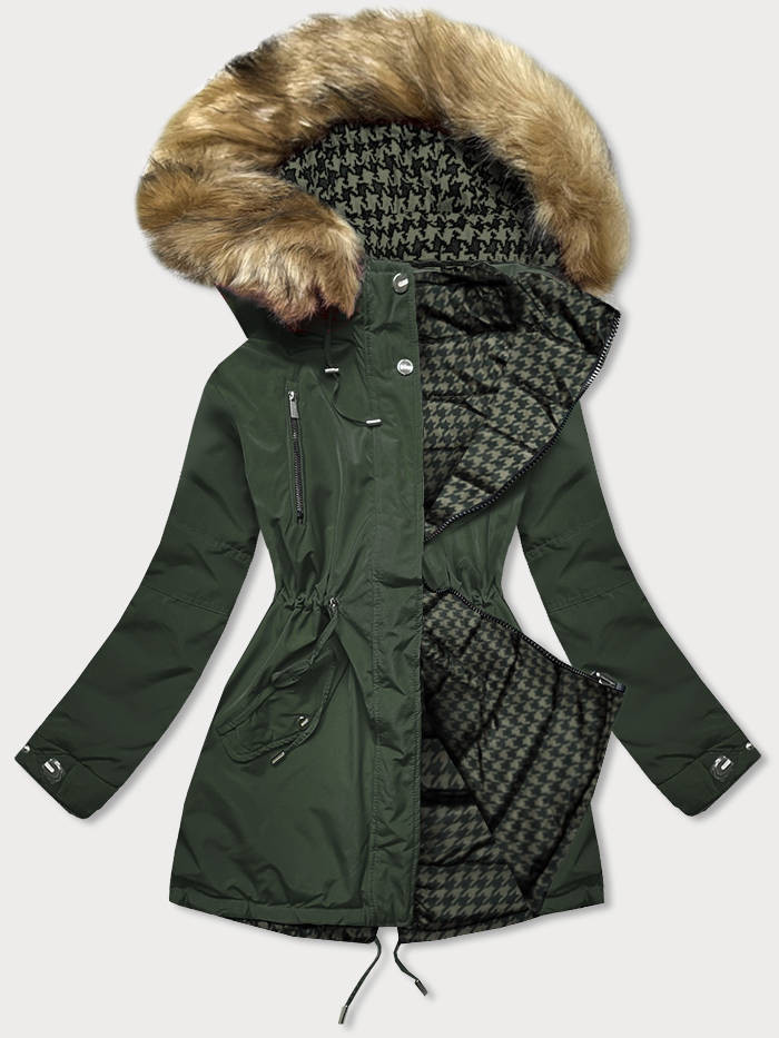 Oboustranná dámská zimní bunda v khaki barvě (W557BIG) odcienie zieleni 46