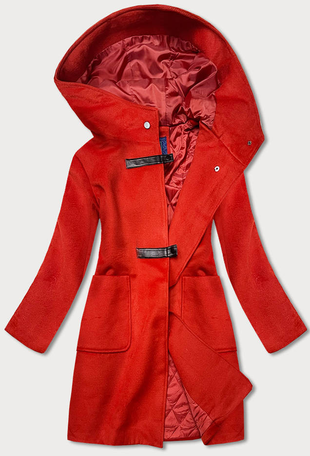 Krátký červený dámský kabát s kapucí (GSQ2311) Červená XL (42)