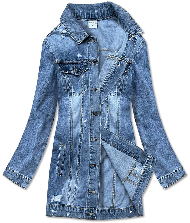 Světle modrá dámská džínová bunda s protrženími a zesvětlením (POP7020-K) modrá XL (42)