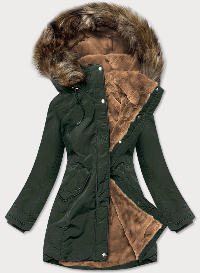 Dámská zimní bunda parka v army barvě s kožešinovou podšívkou (M-21501) odcienie zieleni XXL (44)