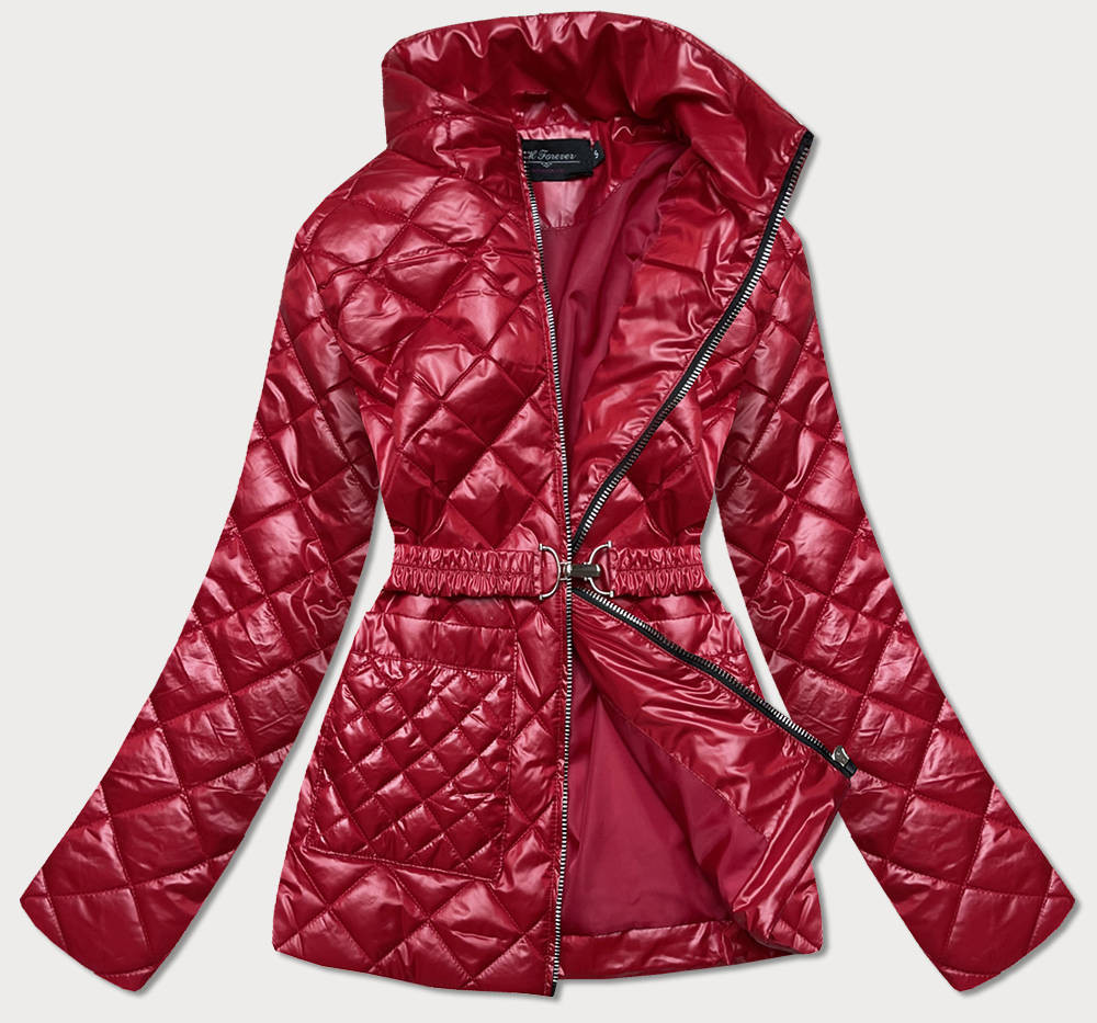 Červená prošívaná dámská bunda s páskem (BH2208) odcienie czerwieni L (40)