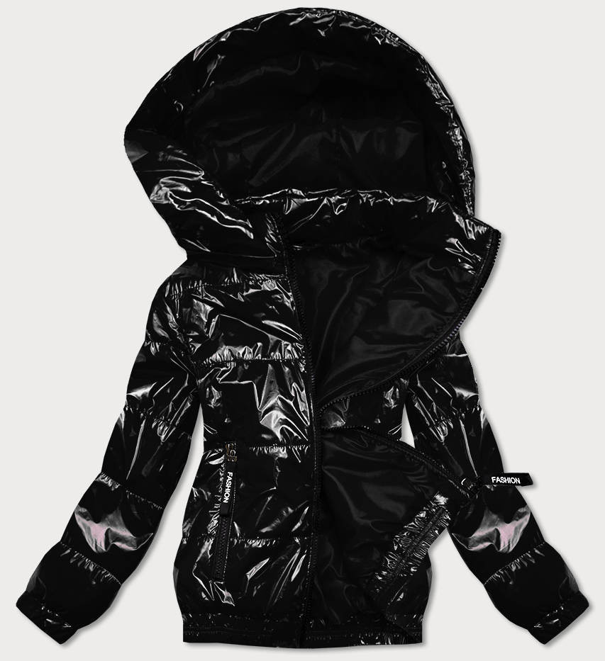 Lesklá černá prošívaná bunda s kapucí (BR9788-1) Barva: odcienie czerni, Velikost: 46