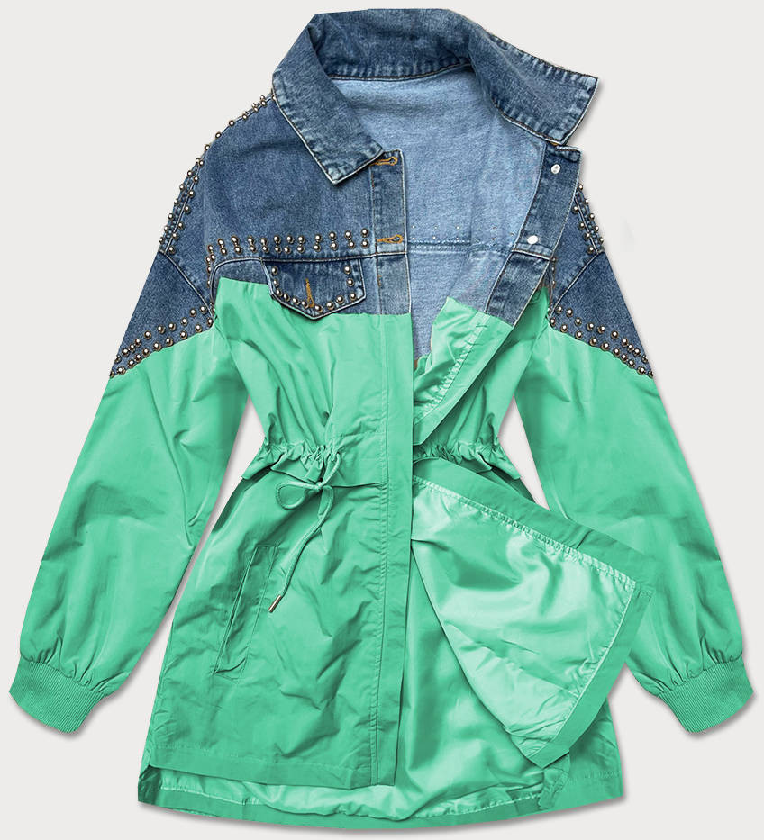 Světle modro-zelená dámská džínová denim bunda z různých spojených materiálů (PFFS12233) odcienie zieleni ONE SIZE