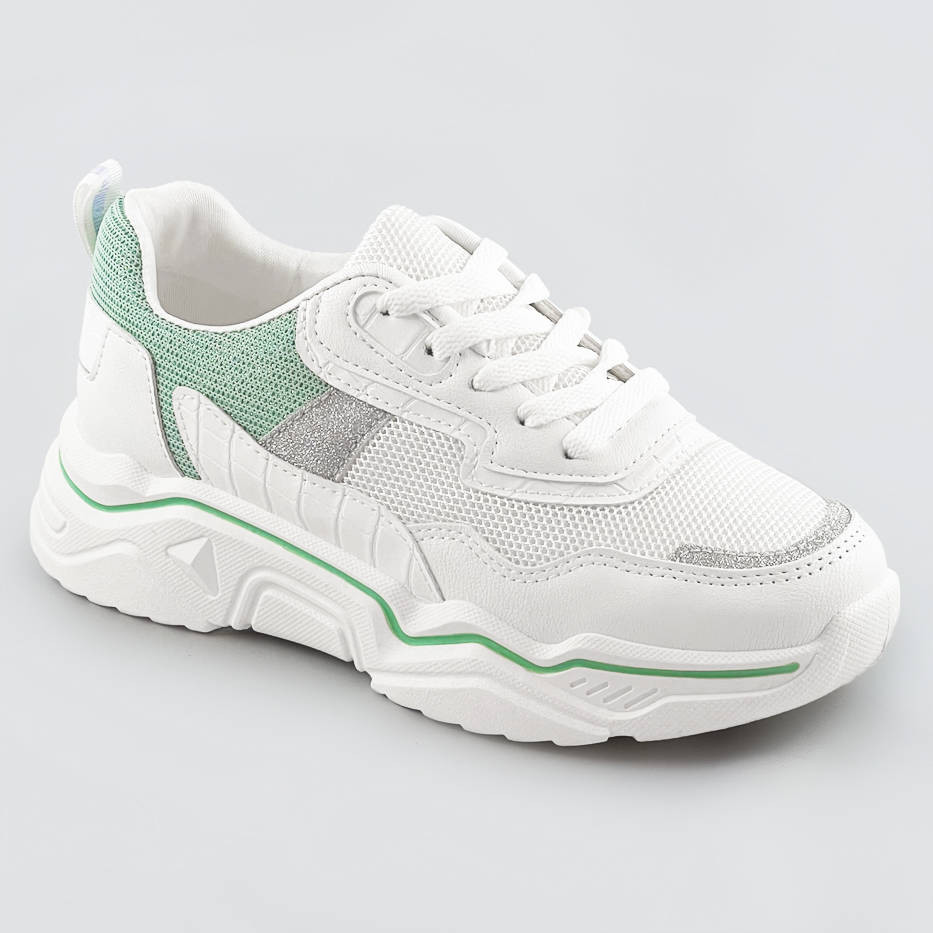 Bílo-mátové dámské sneakersy s brokátovými vsadkami (LU-2) odcienie zieleni XL (42)