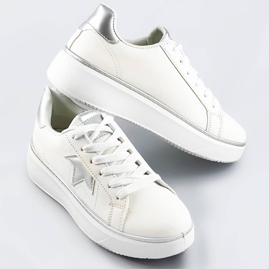 Bílo-stříbrné šněrovací tenisky sneakers s hvězdičkou (BB126L) Barva: odcienie bieli, Velikost: XL (42)