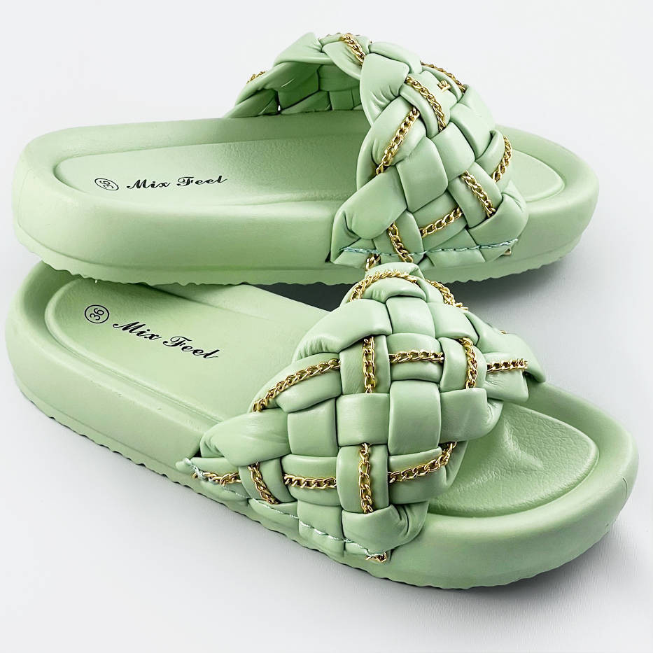 Zelené dámské pantofle se zapleteným páskem a řetízkem (AE120) Barva: odcienie zieleni, Velikost: XL (42)