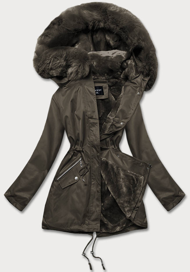 Dámská zimní bunda v khaki barvě s kožešinovou podšívkou (B550-11) odcienie zieleni 46