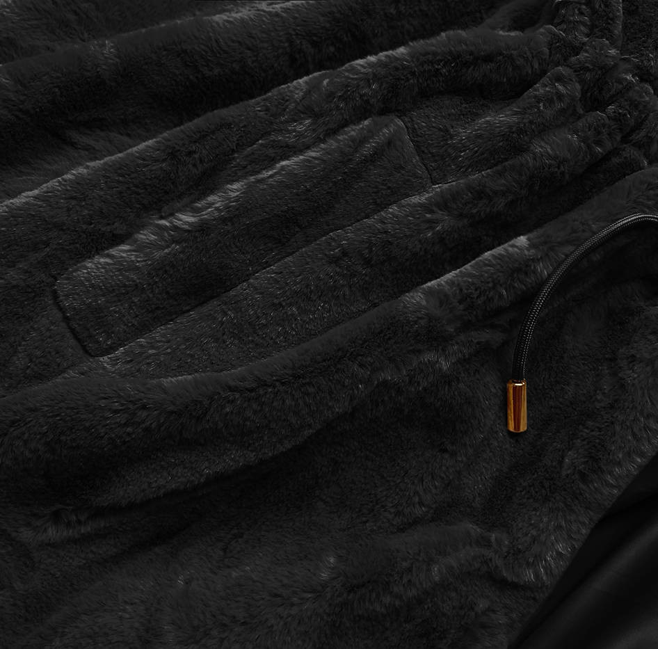 Černá kožešinová bunda s kapucí (B8049-1) černá XXL (44)