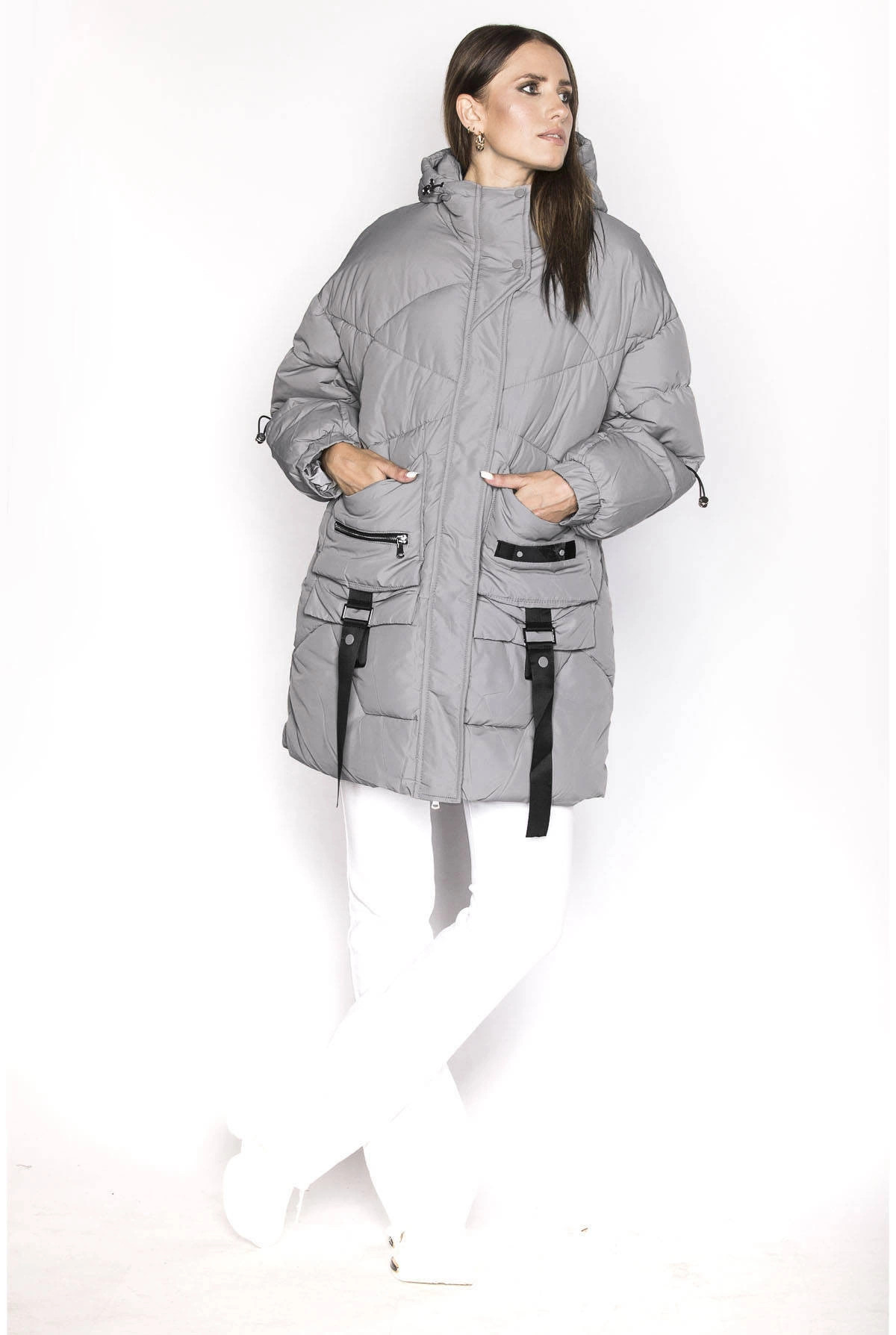 Dámska sivá páperová bunda s ozdobnými pásmi (AG2-J85) odstíny šedé XL (42)
