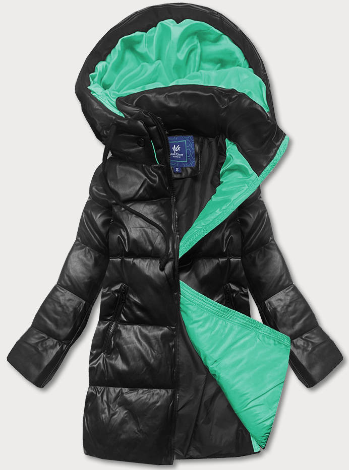Černo-zelená volná dámská bunda z ekologické kůže (AG6-21) odcienie czerni M (38)