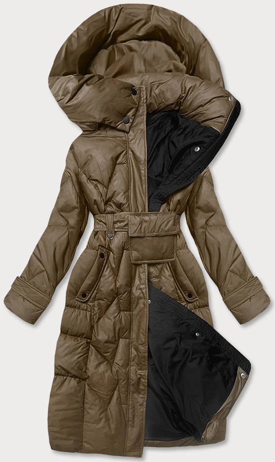 Olivová pérová bunda so stojačikom a kapucňou (ag2-j82) odstíny zelené XL (42)