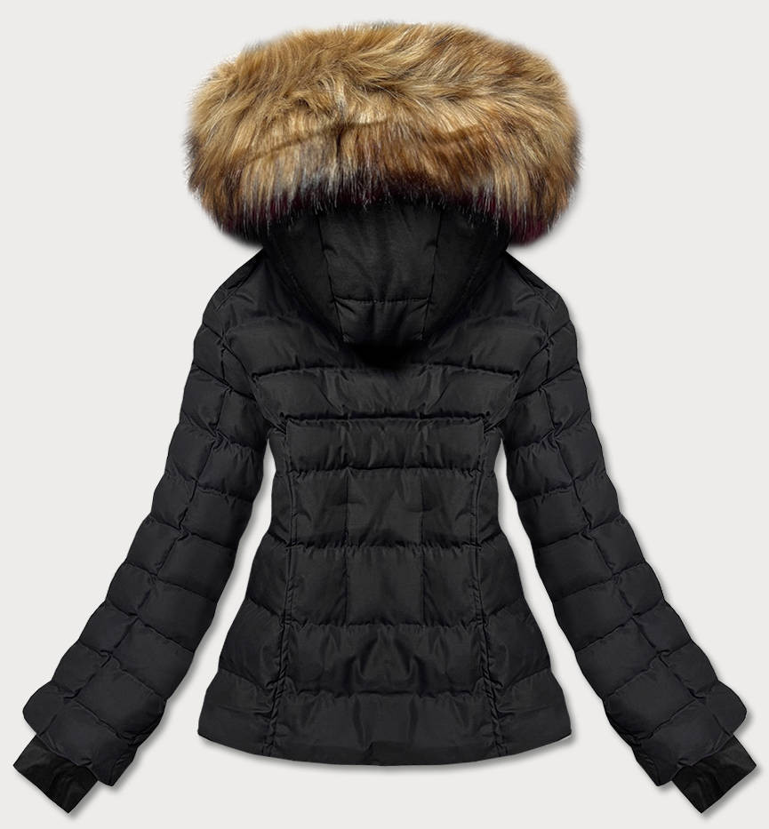 Černo-béžová krátká dámská zimní bunda s kožešinou (5M768-392) odcienie czerni L (40)
