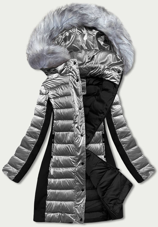 Šedá dámská zimní bunda z různých spojených materiálů (DK067-45) odcienie szarości L (40)