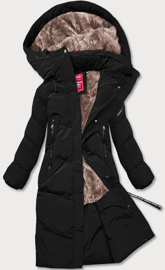 Dlouhá černá dámská zimní bunda s kožešinovou podšívkou (2M-011) odcienie czerni XXL (44)