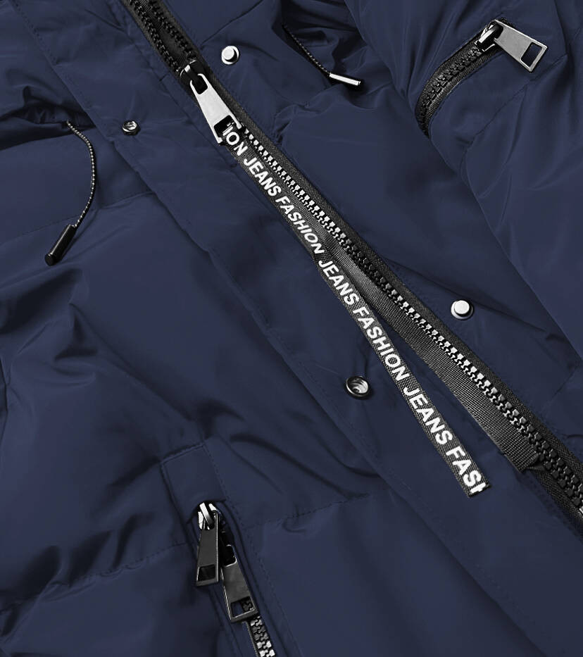 Tmavě modrá dlouhá dámská zimní bunda s kožešinovou podšívkou (2M-011) odcienie niebieskiego XXL (44)