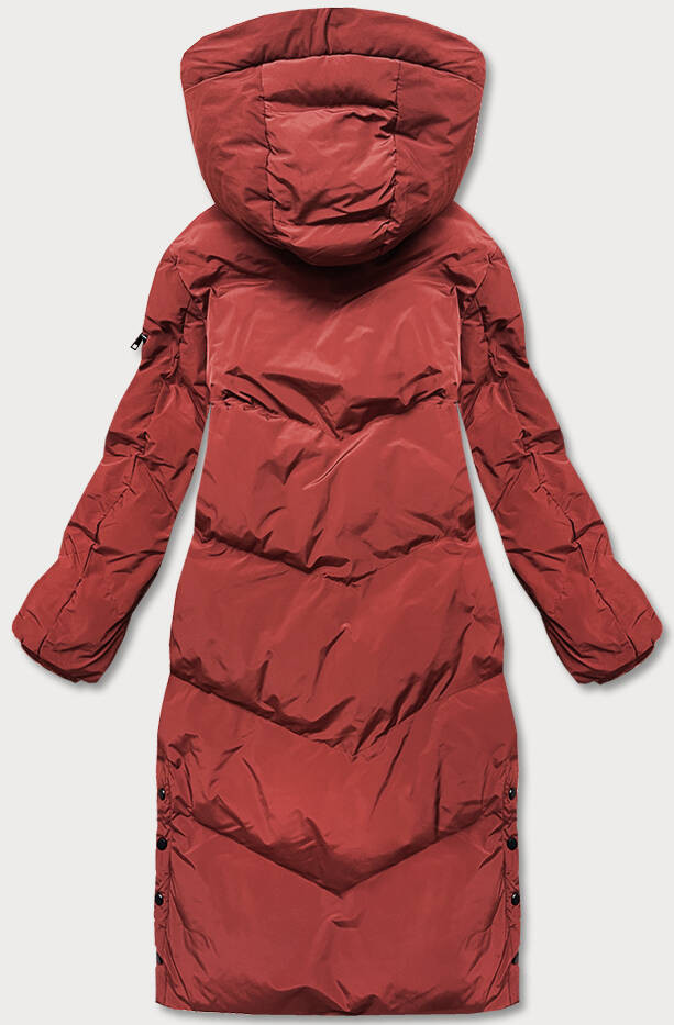 Dlouhá dámská zimní bunda v cihlové barvě s kožešinovou podšívkou (2M-011) odcienie czerwieni S (36)