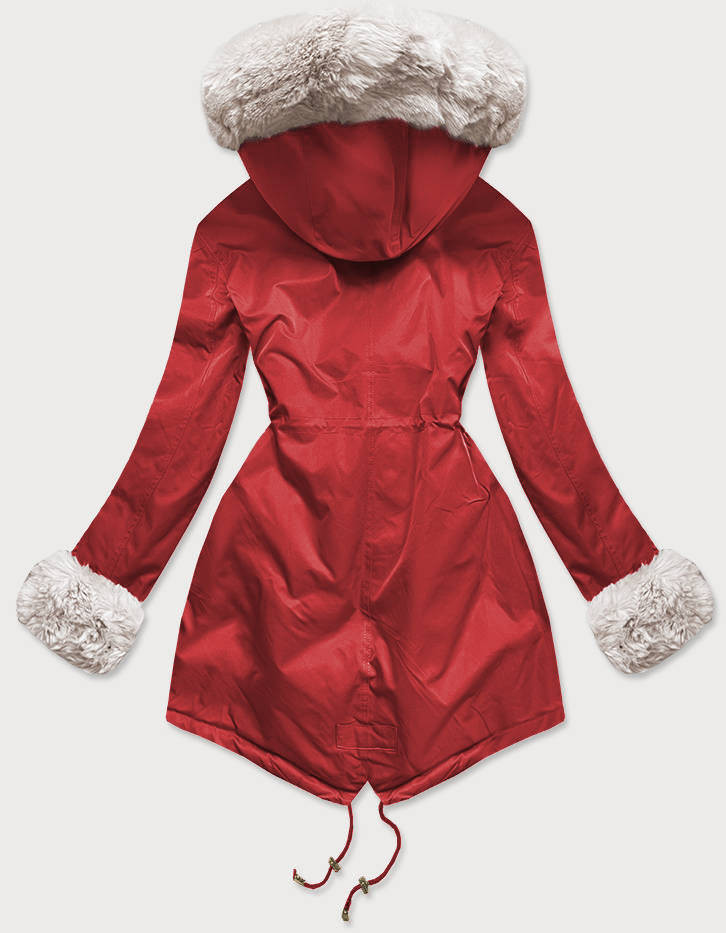 Červeno-ecru dámská zimní bunda parka s mechovitým kožíškem (B530-4046) odcienie czerwieni L (40)
