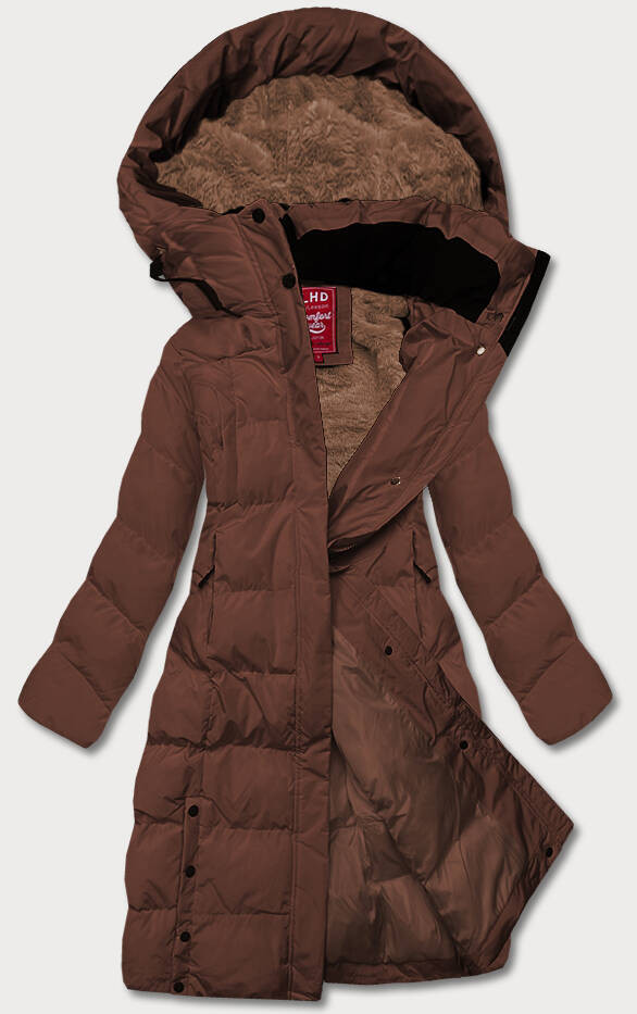 Dlouhá hnědá dámská zimní bunda s kožešinovou podšívkou (2M-025) odcienie brązu S (36)