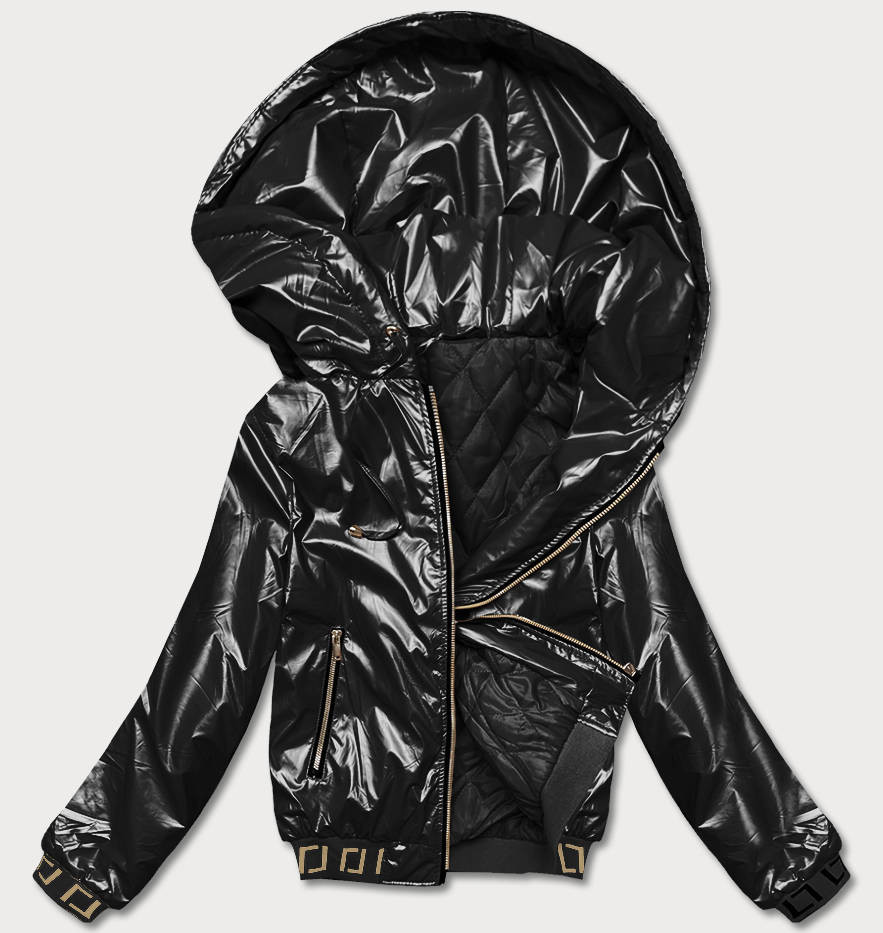 Krátká černá dámská bunda s kapucí (B8077-1) odcienie czerni XXL (44)