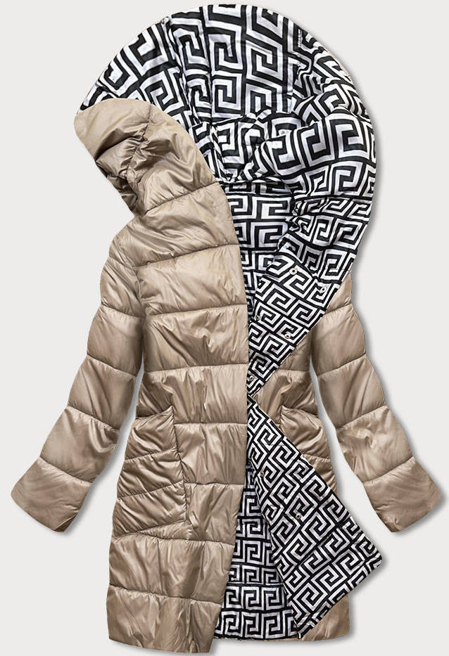 Béžovo-bílá přeložená obálková dámská bunda s kapucí (R8040) béžová 52