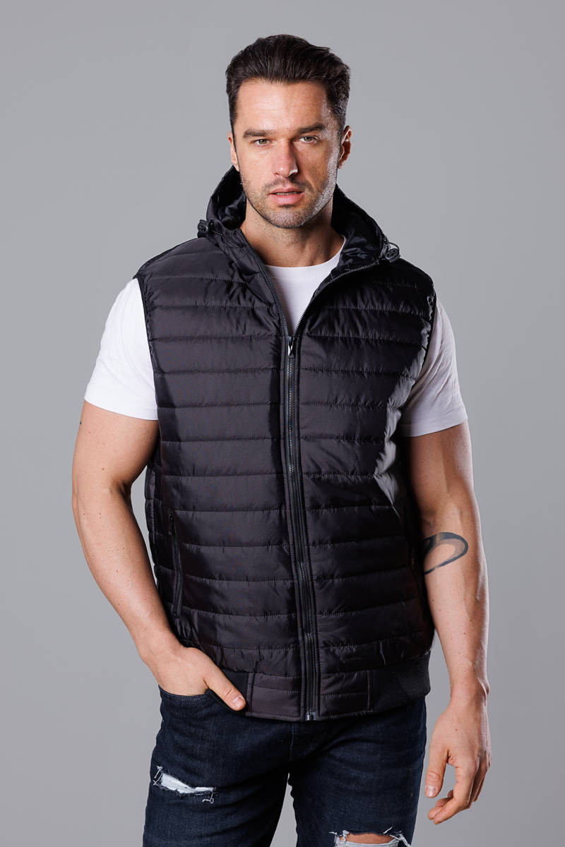 Černá pánská vesta s kapucí (8MY88-1) Barva: odcienie czerni, Velikost: XL