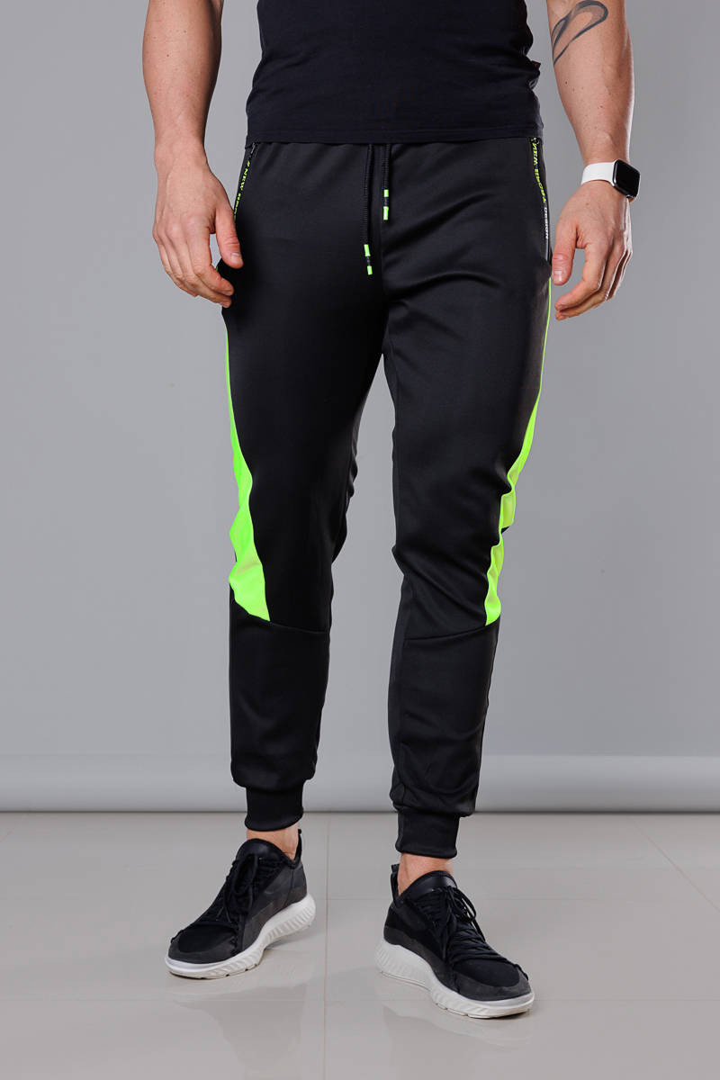 Černo-limetkové pánské teplákové kalhoty se vsadkami (8K168) odcienie czerni L