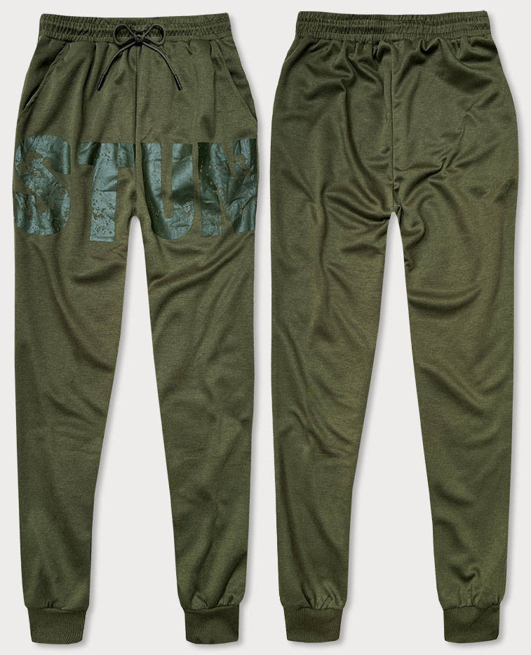 Pánské teplákové kalhoty v khaki barvě s potiskem (8K191) Barva: odcienie zieleni, Velikost: M