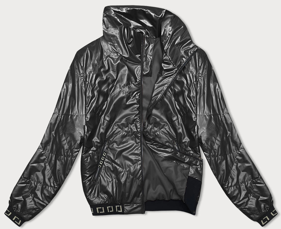 Krátka čierna lesklá dámska bunda so stojačikom (5M3195) odstíny černé L (40)