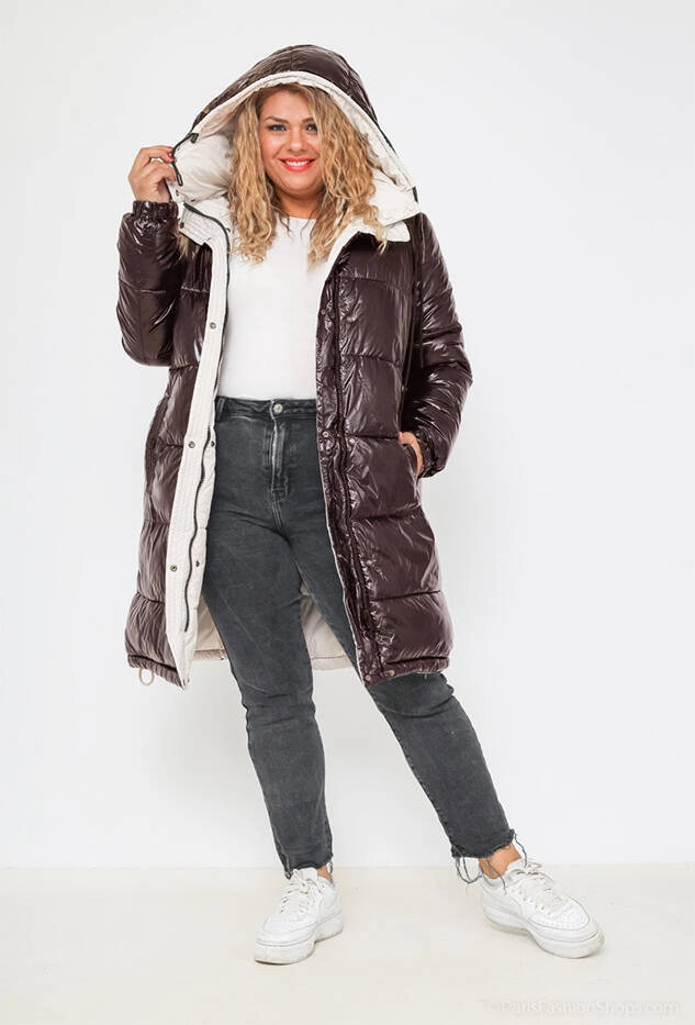 Gruba dwustronna kurtka zimowa damska brąz-ecru (V767) odstíny hnědé S (36)